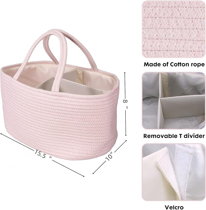 Large Baby Diaper Caddy Organizer for Girl Boy Rope Nursery Storage Bin Basket Portable Holder Tote Bag for Changing Table Car Travel Baby Shower Gifts Newborn Essentials Registry Must Haves Pink
