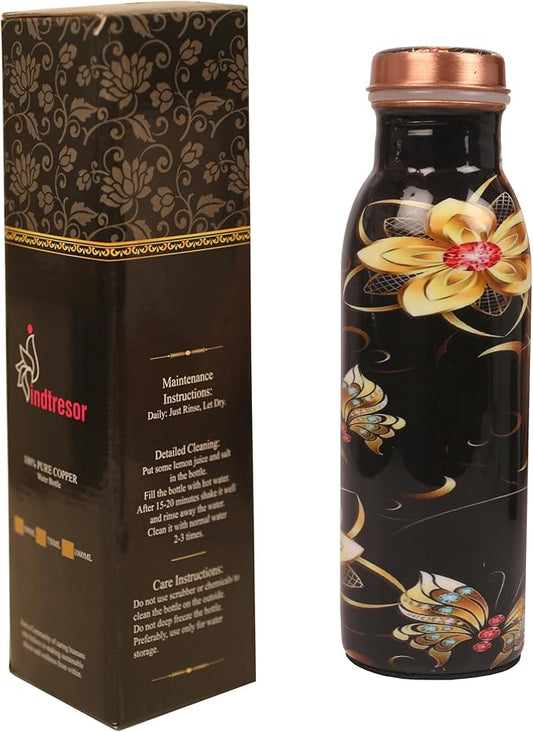 Pure Copper Water Bottle - Handcrafted - Ayurveda health benefits - Small 15 oz - Leak proof - Easy to carry for Sports, Fitness, Yoga, School - Textured Black Base Floral Colorful Enamel.