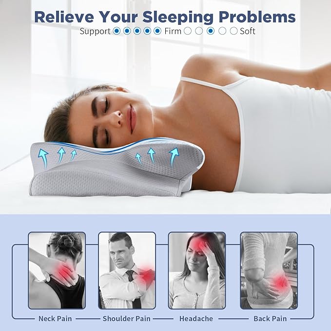 Memory Foam Pillows - Neck Support Pillow for Pain Relief, Ergonomic Cervical Pillow for Sleeping, Orthopedic Contour Bed Pillow for Side, Back & Stomach Sleepers (Blue)