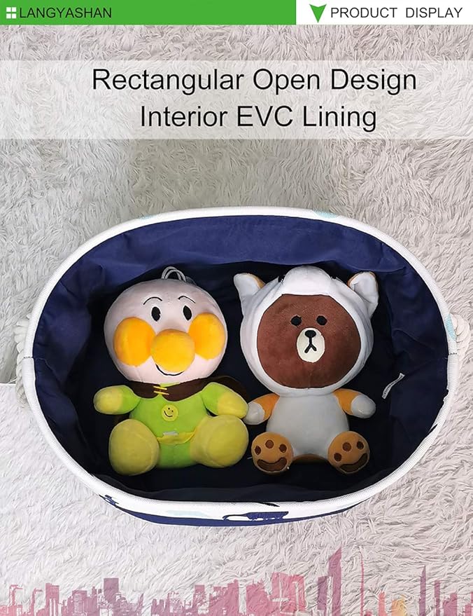 LANGYASHAN Oval Storage Basket Collapse Canvas Fabric Cartoon Storage Bin with Handles for Organizing Home Kitchen Boys and Girls Toy Office Closet Shelf Baskets (Dinosaur)