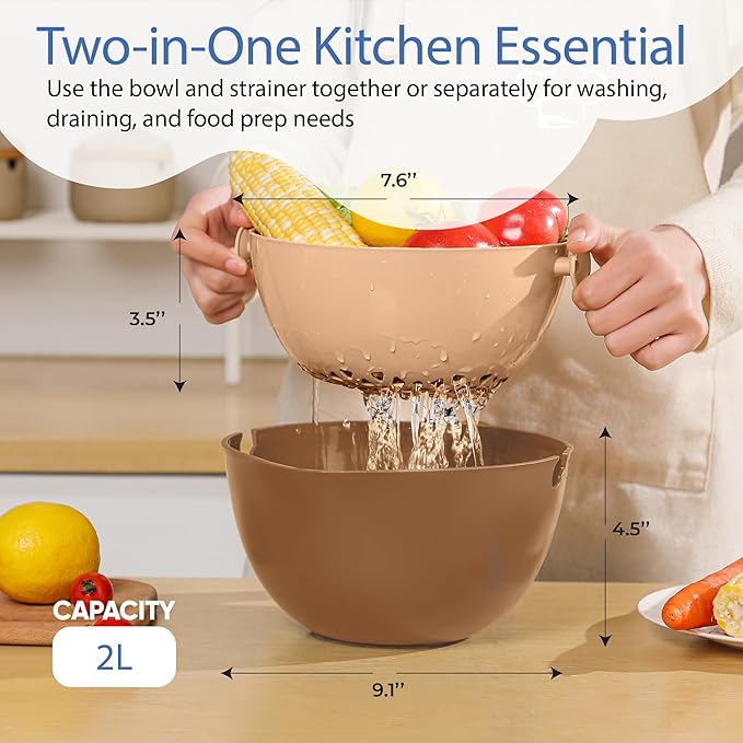 Chef's Path 2 in 1 Kitchen Strainer and Colander for Kitchen, Multifunctional Food Strainer Set, BPA Free Plastic Colander with Handle, Pasta Drainer, Veggie and Fruit Cleaner - Peach