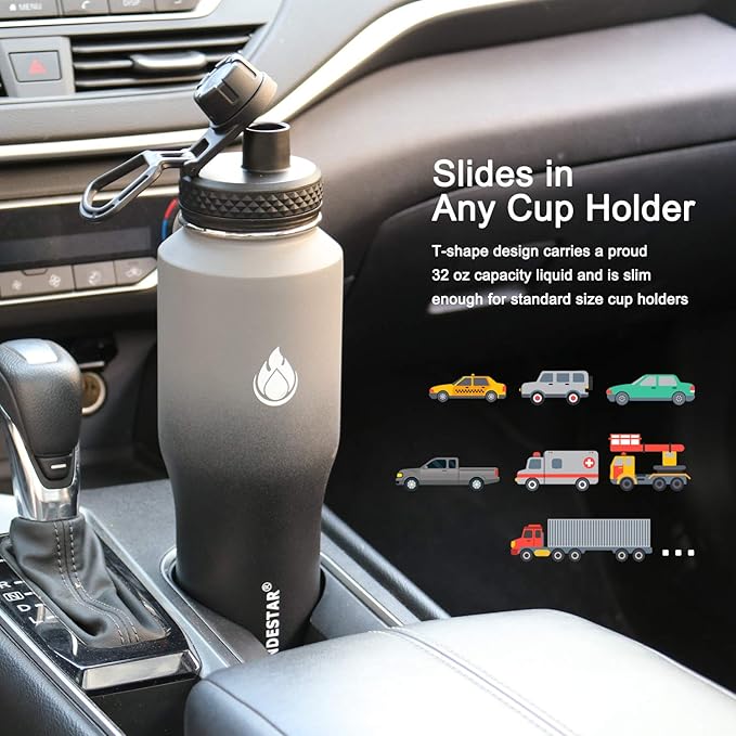 SENDESTAR Water Bottle 32oz,2 Lids(Straw lid),Wide Mouth Stainless Steel Vacuum Insulated Double Wall Keep Liquids Cold or Hot All Day,Sweat Proof Sport Design,Fit Car Cup Holder(Gray&Black)