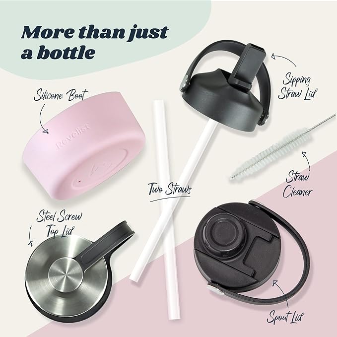 Revelist Sports Water Bottle - 32 Oz, 3 Lids (Straw Lid, Spout & Screw Top) with Boot, Vacuum Insulated Stainless Steel, Double Walled, Reusable Water Flask, Metal Canteen - Seashell Pink