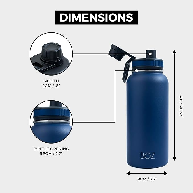 BOZ Stainless Steel Water Bottle - Vaccum Insulated Water Bottle 32 Oz - Wide Mouth BPA Free Sport Water Bottle for Gym with Spout Lid - Thermal Hot & Cold 1 Litre Blue Waterbottle