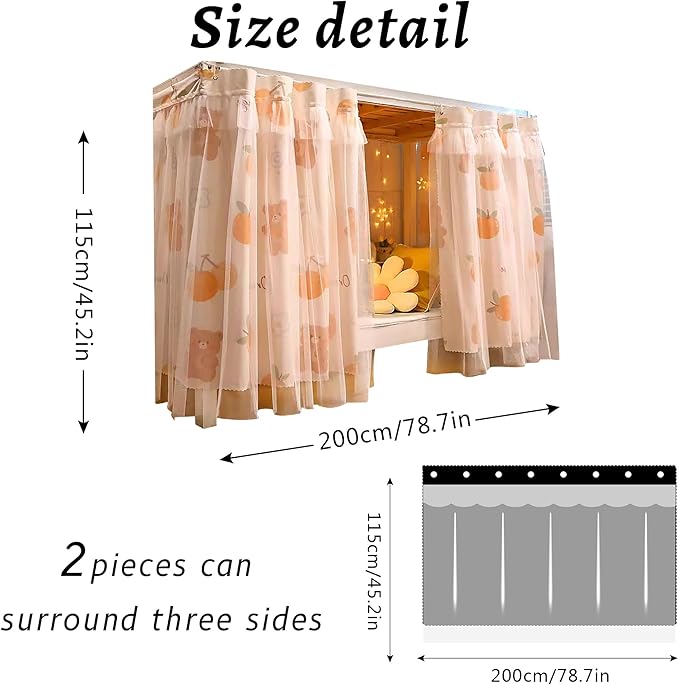 Beautiful Gauze Bunk Bed Curtains Drapes with Lace Privacy Bed Canopy for Bottom, 2 Panels, Orangebear
