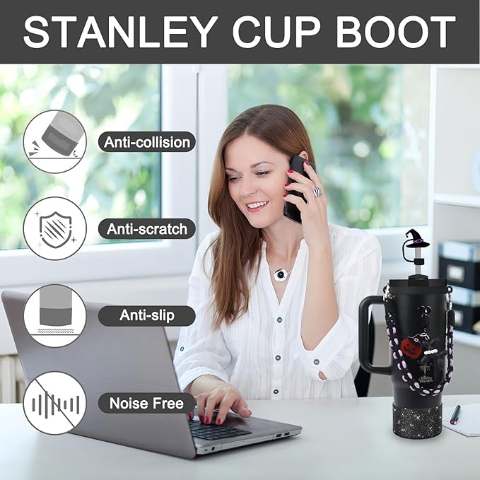 BELSITA Stanley Cup Accessories Set, Black Dog Chain Braided Design Water Bottle Handle Strap, Black Glitter Silicone Stanley Cup Boot, Stanley Charms for Stanley Cup 30/40oz Tumble(Halloween 1)