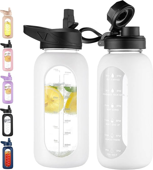 CIVAGO 32 oz Glass Water Bottle with Straw and Handle, Large Sports Motivational Water Bottle Flask with Time Marker and 2 Lids, Leakproof Water Jug Canteen with Silicone Sleeve for Gym White