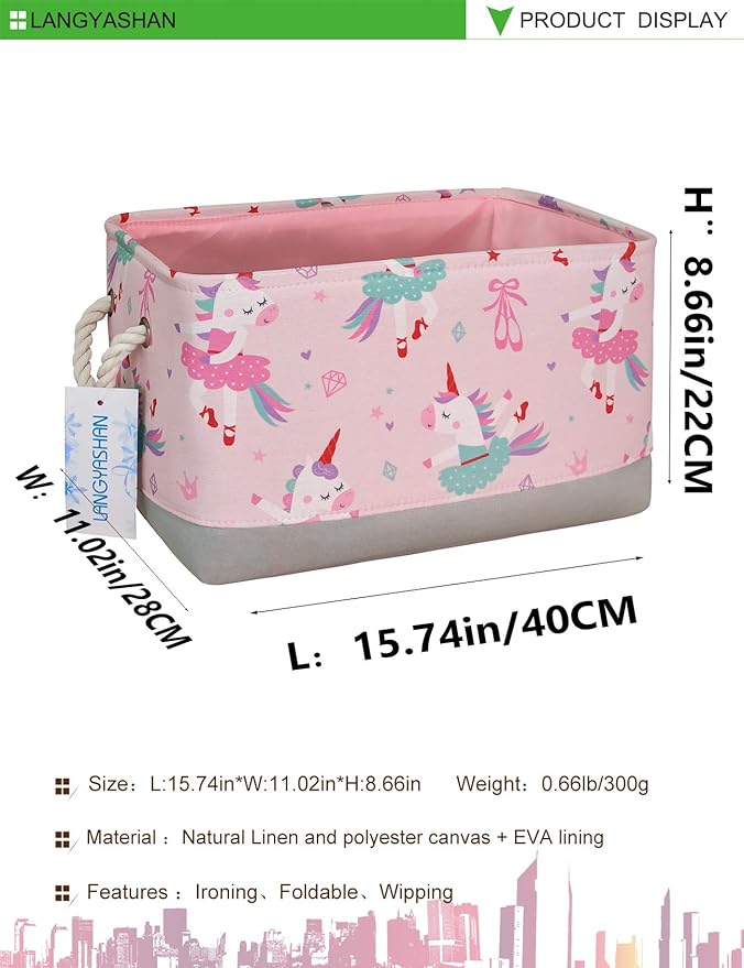 LANGYASHAN Rectangular Storage Bin Collapse Canvas Fabric Cartoon Storage Basket with Handles for Organizing Home Kitchen Boys and Girls Toys Office Closet Shelf Baskets(Rec Pink Dancing Unicorn)
