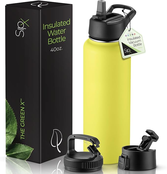 SipX™ Triple-Insulated Stainless Steel Water Bottle 40oz. With 3 Lids, BPA-Free Reusable Insulated Water Bottle Keeps Cold 24 Hours, Metal Water Bottle Made Of Sustainable Material For Hiking & Biking