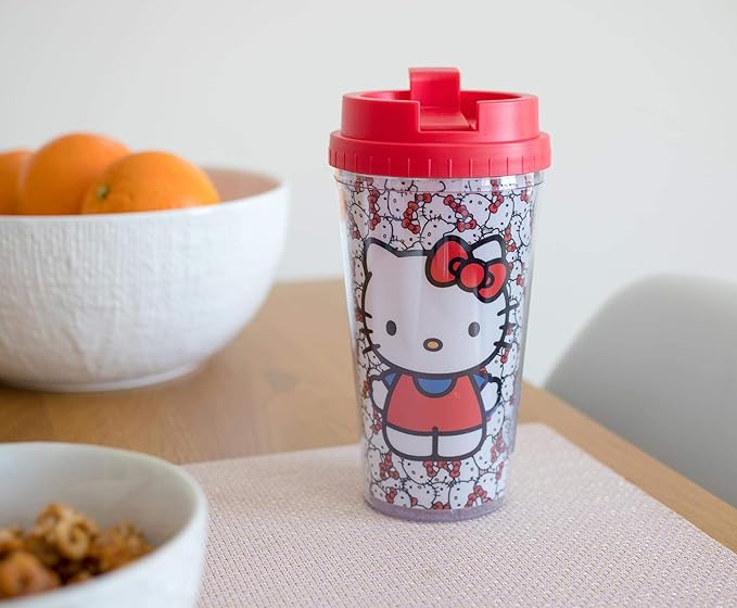 Silver Buffalo Sanrio Hello Kitty Pattern Double Wall Travel Tumbler w/Slide Close Lid, 20 Ounces, 16oz Allover Faces, 1 Count (Pack of 1)