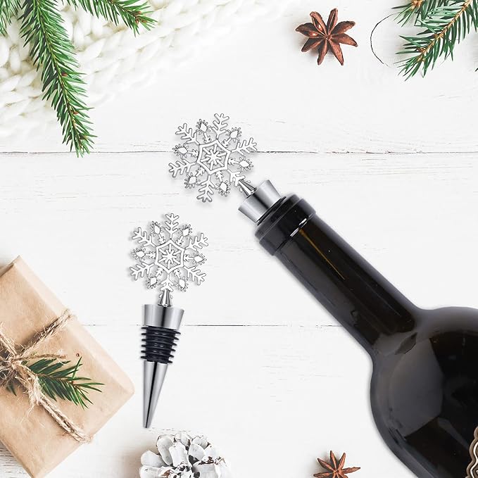 Whaline 4 Pieces Snowflake Wine Stopper Christmas Decorative Wine Bottle Stopper Metal Beverage Beer Stopper for Keeping Wine Fresh Winter Birthday Wedding Bar Tool Home Kitchen