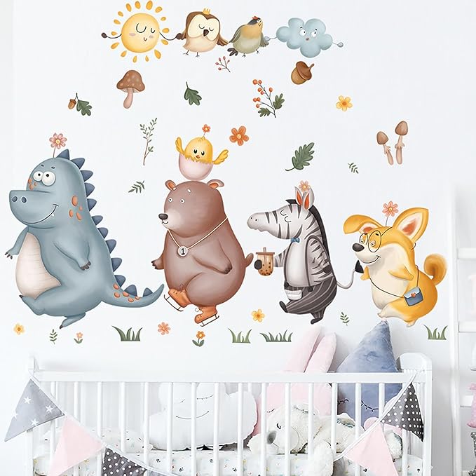 Animals Educational Wall Decals Jungle Animals Dinosaur Bear Zebra Fox Wall Stickers for Daycare Boy Room Girl Room Nursery Baby Room Bedroom Playroom
