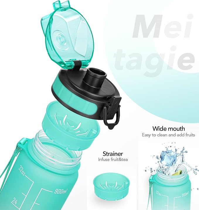 Motivational Water Bottle 1000ml with Time Marker Leak Proof BPA Free with Fruit Filter, Perfect for Fitness, Gym and Outdoor Sports