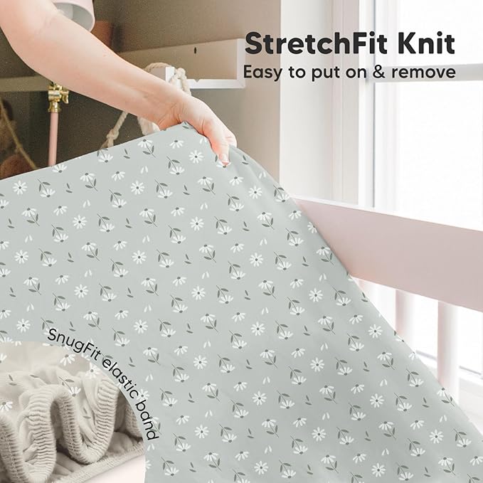 Pack and Play Sheets Fitted, 2-Pack Mini Crib Sheets - Pack N Play Sheets, Organic Fitted Crib Sheet for Pack and Play Mattress, Playard Baby Crib Sheets, Crib Sheets Neutral for Boys (Daisies)