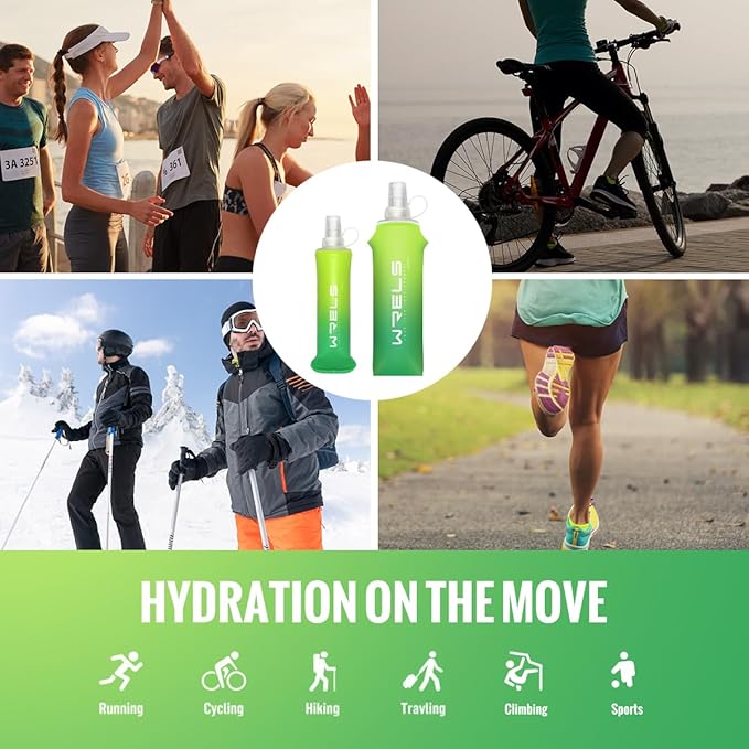 Collapsible TPU Soft Flask,Reusable Handheld Soft Water Bottle for Hydration Pack,BPA Free Gradient Folding Water Flask for Running Cycling Climbing (Mix Green-250ml *2)