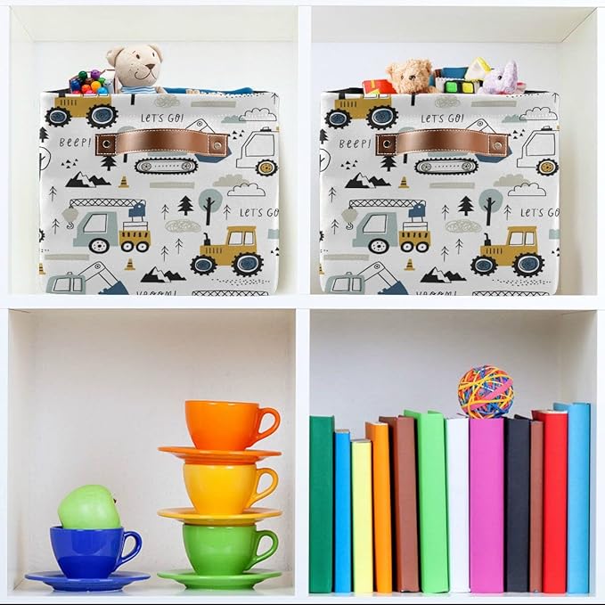 Excavator Truck Toy Storage Basket Fabric Kitchen Baskets Cars Boys Toys Open Home Storage Bins Boxes Foldable Organizer Bag for Baby Cloth Book Shelf Closet Baskets 16×12×8 Inches