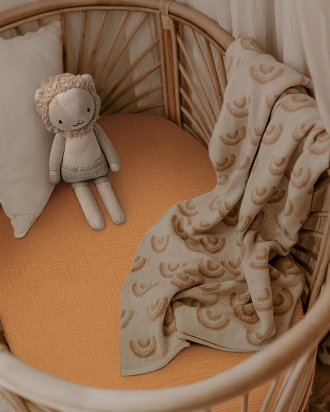 Blissful Diary Muslin Bassinet Sheets for Baby Girls Boys, Boho Soft Cotton Fitted for Oval Hourglass Rectangle Mattress, 2 Pack(Retro Yellow&Beige)