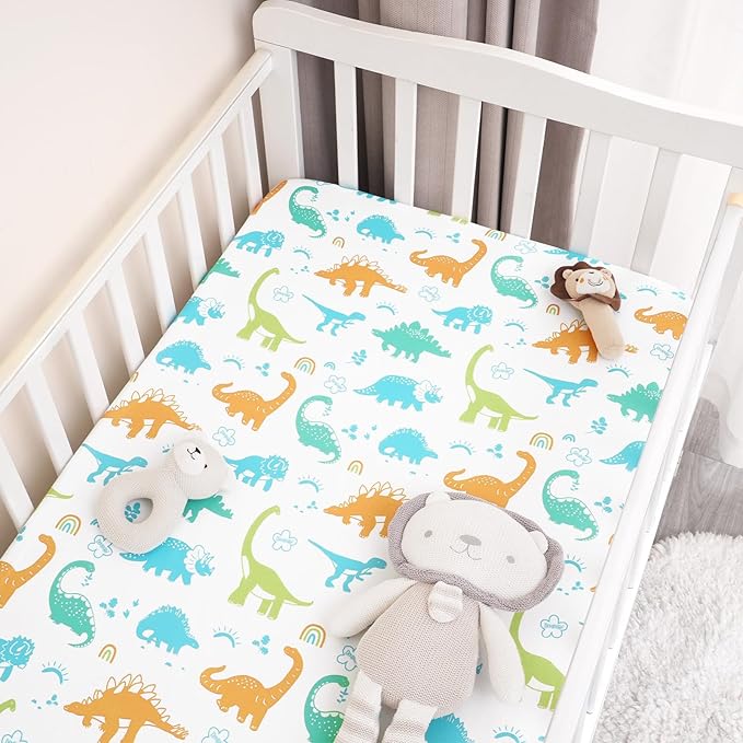 PHF Soft Crib Sheet Fitted, 2 Pack Baby Sheets for Boys Girls, 28x52x9in Fits Standard Crib and Toddler Mattresses, Silky Comfy Breathable Polyester Baby Mattress Sheets, Dinosaur