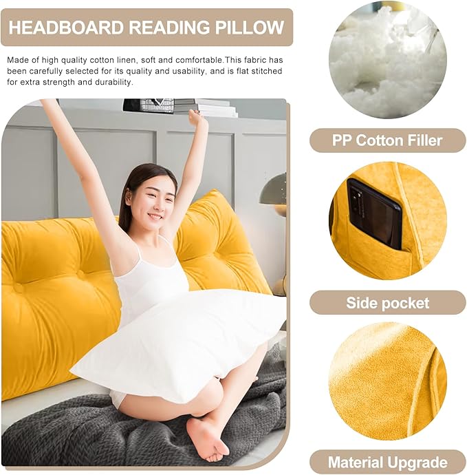 Large Triangular Headboard Pillows Long Backrest Positioning Support Bolster Cushion for Daybed Fluffy Quality Plush Body Wedge Pillow with Removable Cover(Light Yellow-Cal King-71x8x20 in)