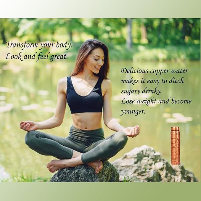 Pure Copper Water Bottle - Handcrafted - Ayurveda Health Benefits - 33 OZ - Leak proof - Easy to carry for Sports, Fitness, Yoga, School - Hammered Copper Matte Finish Vintage.
