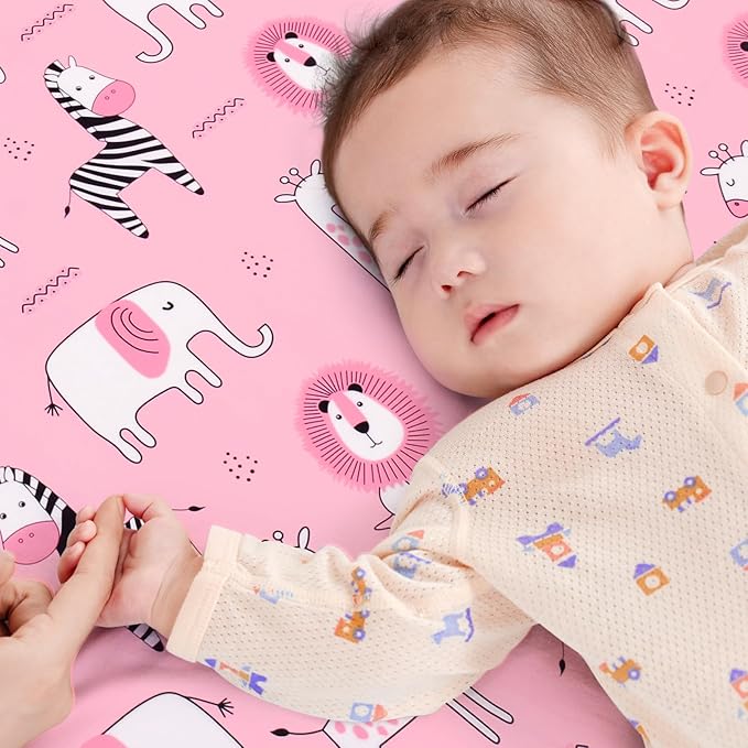 JISEN Baby Crib Sheets Soft Breathable Pink Fitted Crib Sheets Baby Sheet for Standard Crib and Toddler Mattress Baby Bed Sheets for Crib for Baby Boys Girls Neutral 52x28 Inch Elephant