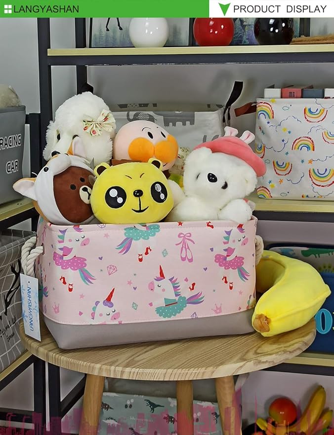 LANGYASHAN Rectangular Storage Bin Collapse Canvas Fabric Cartoon Storage Basket with Handles for Organizing Home Kitchen Boys and Girls Toys Office Closet Shelf Baskets(Rec Pink Dancing Unicorn)