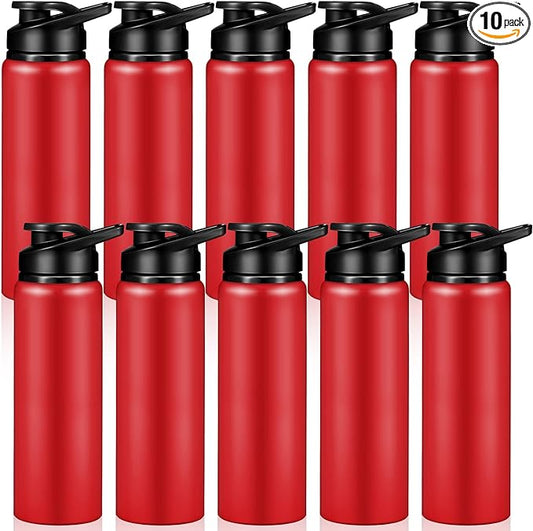 CHENGU 10 Pcs Aluminum Water Bottle 24oz Aluminum Reusable Bottles Lightweight Snap Lid Sports Water Bottle Multipack Easy Carry Leak Proof Travel Bottle for Gym Camping Hiking Outdoor Fishing (Red)