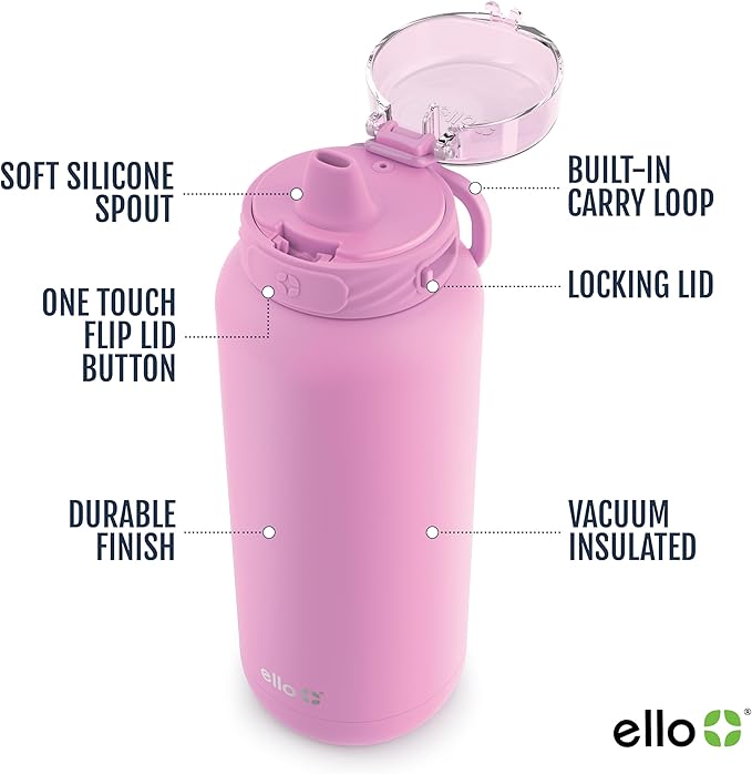 Ello Cooper 32oz Stainless Steel Water Bottle with Straw and Carry Handle, Double Walled and Vacuum Insulated Metal, Leak Proof Locking Lid with Soft Silicone Spout, Reusable, BPA Free, Bubblegum