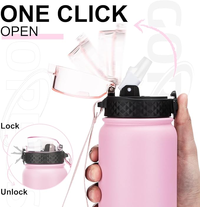 GOPPUS 32 oz Sports Water Bottle 1 Liter Double Wall Insulated Stainless Steel Water Bottles with Straw Lid Reusable Leak proof Metal water bottles with Strap Handle(Pink White 1 lid)