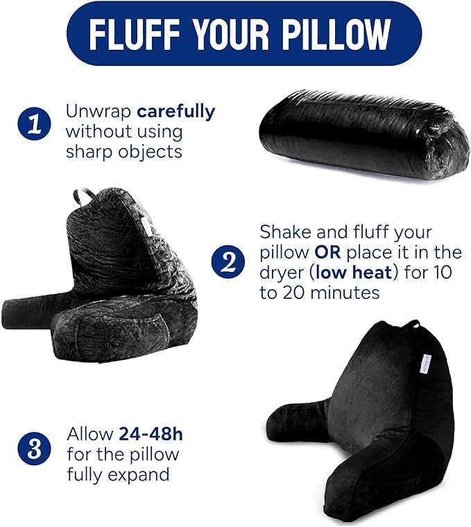 ComfortSpa Reading Pillow for Bed Adult Size, Back Rest Pillow with Arms, Pockets, Washable Cover; Use as Back Pillow for Bed Sitting Up for Bedrest or Relief from GERD Heartburn (Large Black)