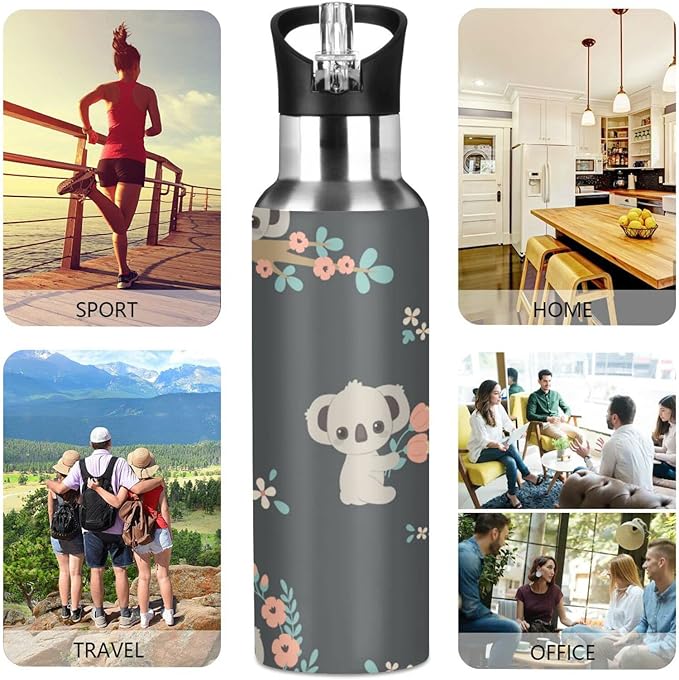 senya 20 Oz Water Bottle with Straw Koala and Flowers Stainless Steel Water Bottle for Traveling Sports Leakproof Insulated Water Bottle