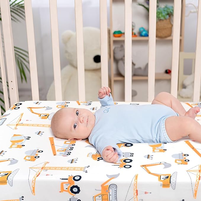 JISEN Baby Crib Sheets Soft Breathable Fitted Crib Sheets Baby Sheet for Standard Crib and Toddler Mattress Baby Bed Sheets for Crib for Baby Boys Girls Neutral 52x28 Inch Construction Trucks