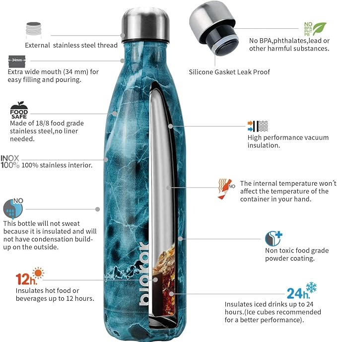 BJPKPK Stainless Steel Water Bottles -25oz/750ml -Insulated Water Bottles,Sports Water Bottles Keep Cold for 24 Hours and Hot for 12 Hours,Metal Travel Water Bottle,Marble Ocean
