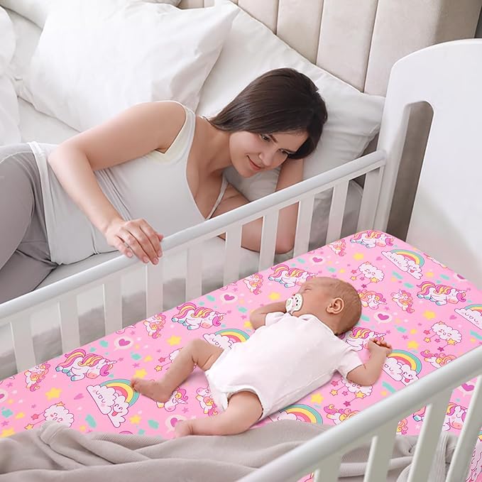 JISEN Baby Crib Sheets Soft Breathable Unicorns Fitted Crib Sheets Pink Baby Sheet for Standard Crib and Toddler Mattress Baby Bed Sheets for Crib for Baby Boys Girls Neutral 52x28 Inch