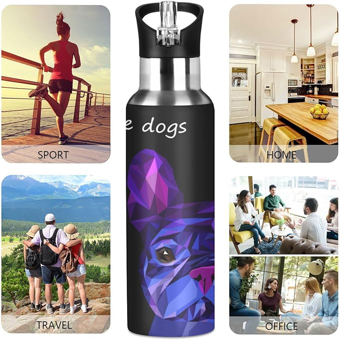 ALAZA Dog Cute Pet Animal Bulldog Water Bottle With Straw Lids Boys Girls,Vacuum Insulated Leakproof Stainless-Steel Sports Bottle Thermal Flask For Gym Yoga Camping,34Oz (1000Ml)