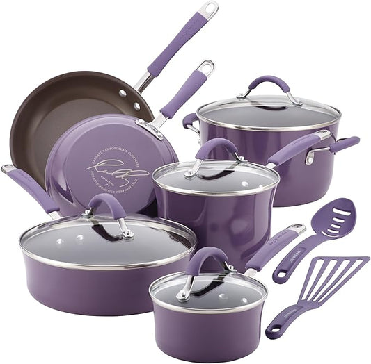 Rachael Ray Cucina Nonstick Cookware Pots and Pans Set, 12 Piece, Lavender Purple