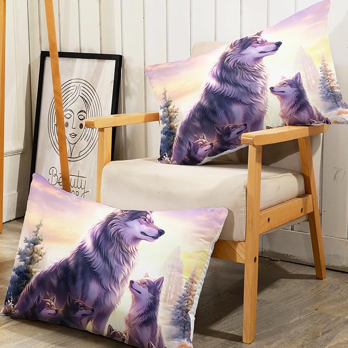 AILONEN Wolf Fitted Sheet Set Twin Snow Wolf Bed Sheet Set, Wolfmother and Wolf Pups Theme Bedding Set 3 Pieces Wildlife Wolf Sheet Set for Boys Girls,1 Fitted Sheet with 2 Pillowcases