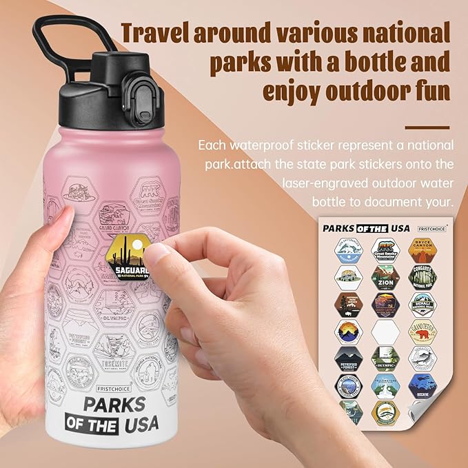 National Parks Water Bottle with Stickers and Straw,32oz Double Wall Vacuum Wide Mouth Insulated Water Bottle for Travel,BPA-free and Leak-proof (32oz,Pink White)