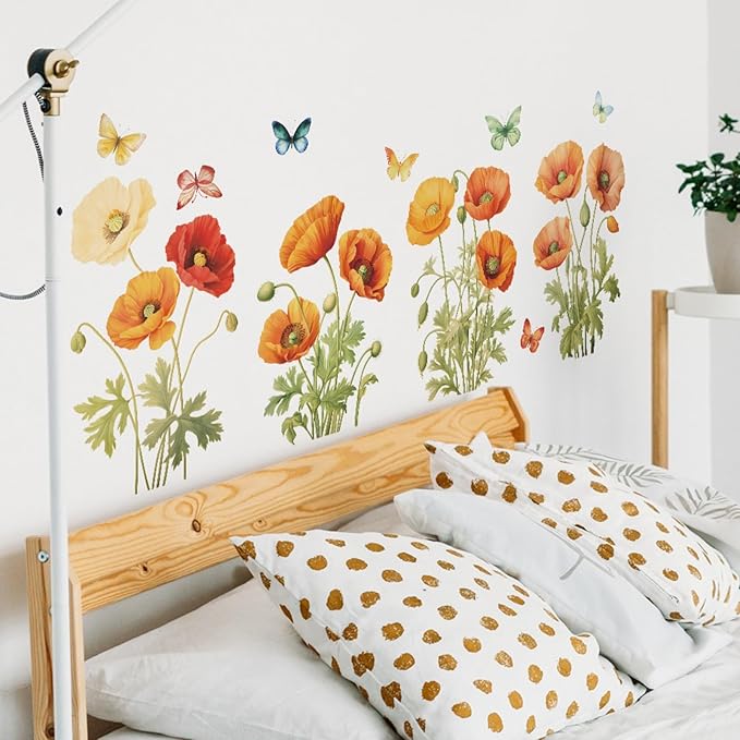 Poppies Wall Stickers for Kids Bedroom -Butterfly Flowers Wall Decals for Girls Room,Classroom,Nursery, Playroom- Removable DIY Peel and Stick Wall Art Decor