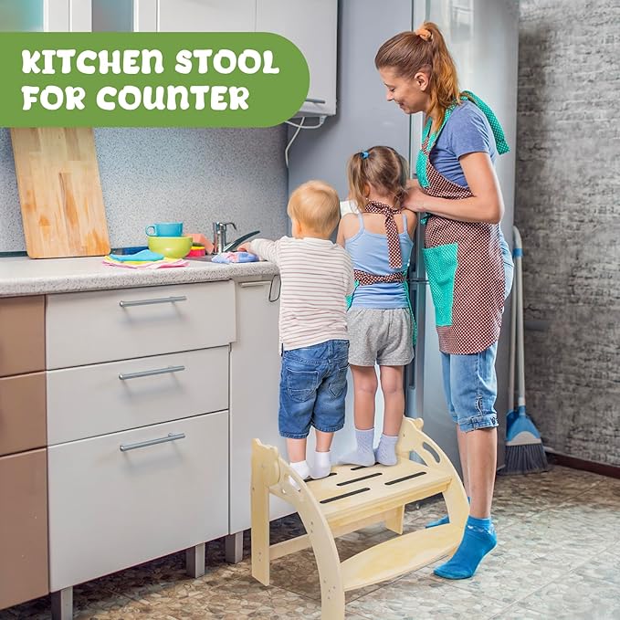 Foldable Step Stool for 2 Toddlers/Twins, Kids Stool with 22.7-Inch Wide Step, Safety Handles, Anti-Slip Strips, Toddler Step Stool for Bathroom Sink, Toilet, Kitchen Wooden 2 Step Stool