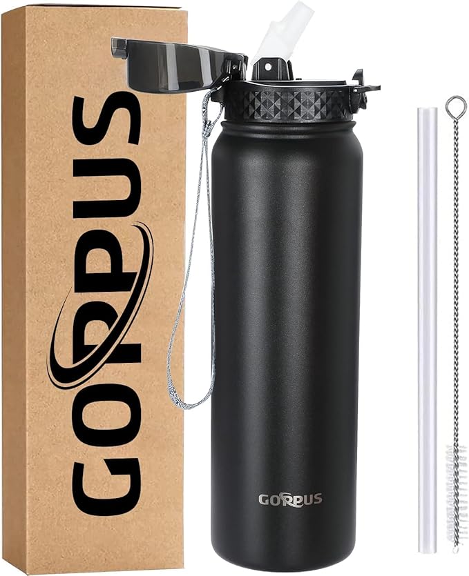 GOPPUS 32 oz Sports Water Bottle 1 Liter Double Wall Insulated Stainless Steel Water Bottles with Straw Lid Reusable Leak proof Metal water bottles with Strap Handle(Black 1 lid)