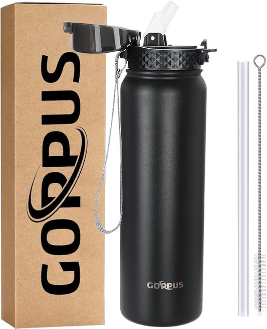 GOPPUS 32 oz Sports Water Bottle 1 Liter Double Wall Insulated Stainless Steel Water Bottles with Straw Lid Reusable Leak proof Metal water bottles with Strap Handle(Black 1 lid)