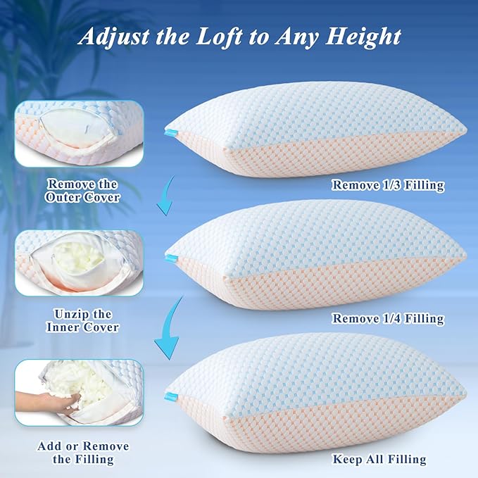 Cooling Pillows King Size Set of 2, Shredded Memory Foam Pillow Adjustable Bed Pillows Firm Pillow with Removable Washable Cover and Extra Filling Pack