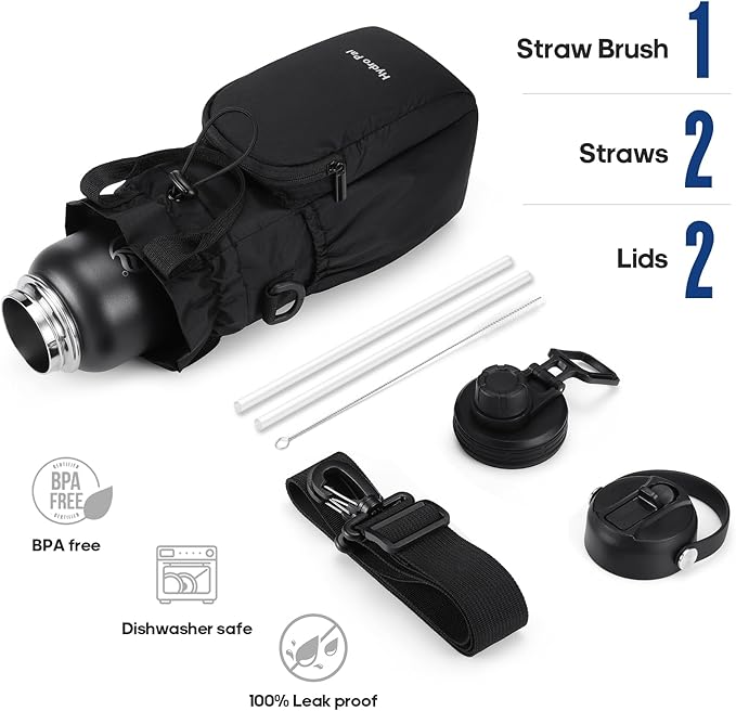 Insulated Water Bottles 40 oz with 2 Leak Proof Lids & Water Bottle Holder, Wide Mouth Sport Water Bottle with Straw, Reusable Stainless Steel Water Flask, Double Walled Vacuum Thermos