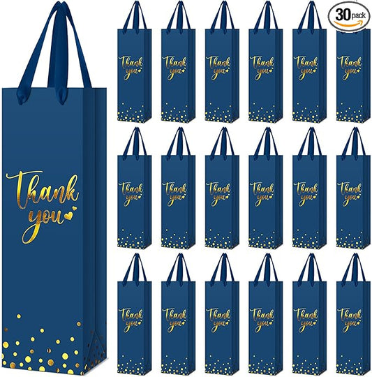 Ctosree 30 Pcs Wine Gift Bag for Wine Bottle Wedding Wine Thank You Gift Bag with Metallic Gold Foil Print Kraft Wine Paper Favor Bag with Attractive Rope Handle for Graduation Bottle(Business Blue)