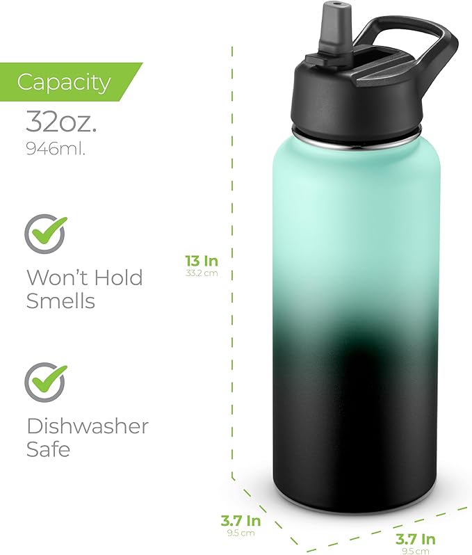 SipX™ Triple-Insulated Stainless Steel Water Bottle 32oz. With 3 Lids, BPA-Free Reusable Insulated Water Bottle Keeps Cold 24 Hours, Metal Water Bottle Made Of Sustainable Material For Hiking & Biking