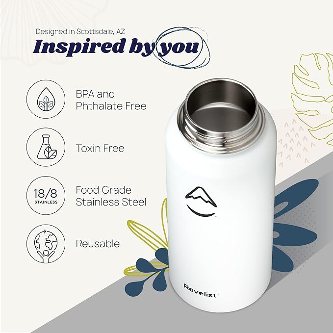 Revelist Sports Water Bottle - 32 Oz, 3 Lids (Straw Lid, Spout & Screw Top) with Boot, Vacuum Insulated Stainless Steel, Double Walled, Reusable Water Flask, Metal Canteen - Arctic White
