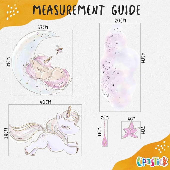 Unicorn Wall Decals for Kids by Lipastick - 135 pcs Unicorn Wall Stickers Peel and Stick - Wall Decals for Girls Kids Baby Nursery Bedroom - Kids Colorful Decals Glittered Moon Stars Clouds L Size