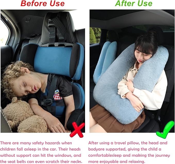 Kids Travel Pillow for Car Seat with Hand Muff, Cartoon Neck & Headrest Seat Belt Pillow for Car Road Trips Long-Distance Travel Sleeping Pillow for Adults and Children, Yellow