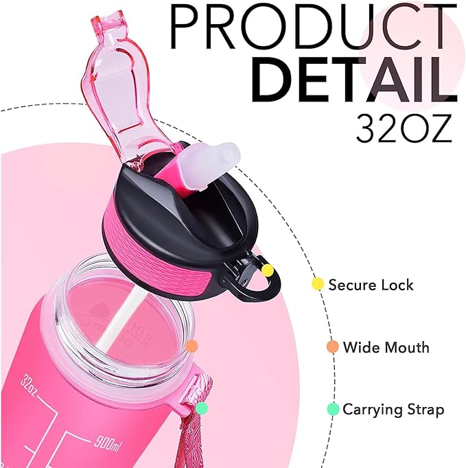 Nana 32 oz Water Bottle with Times Marker to Drink and Straw, Carrying Strap, Leakproof Tritan BPA-Free, Ensure You Drink Enough Water for Fitness, Gym, Camping, Outdoor Sports